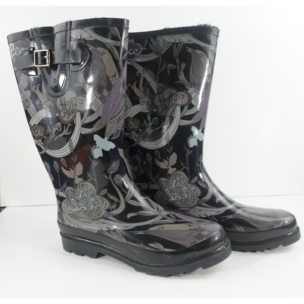 Sakroots Women's Rain Boots Black Floral Purple Butterfly Mid-Calf Size 9 - Picture 3 of 10